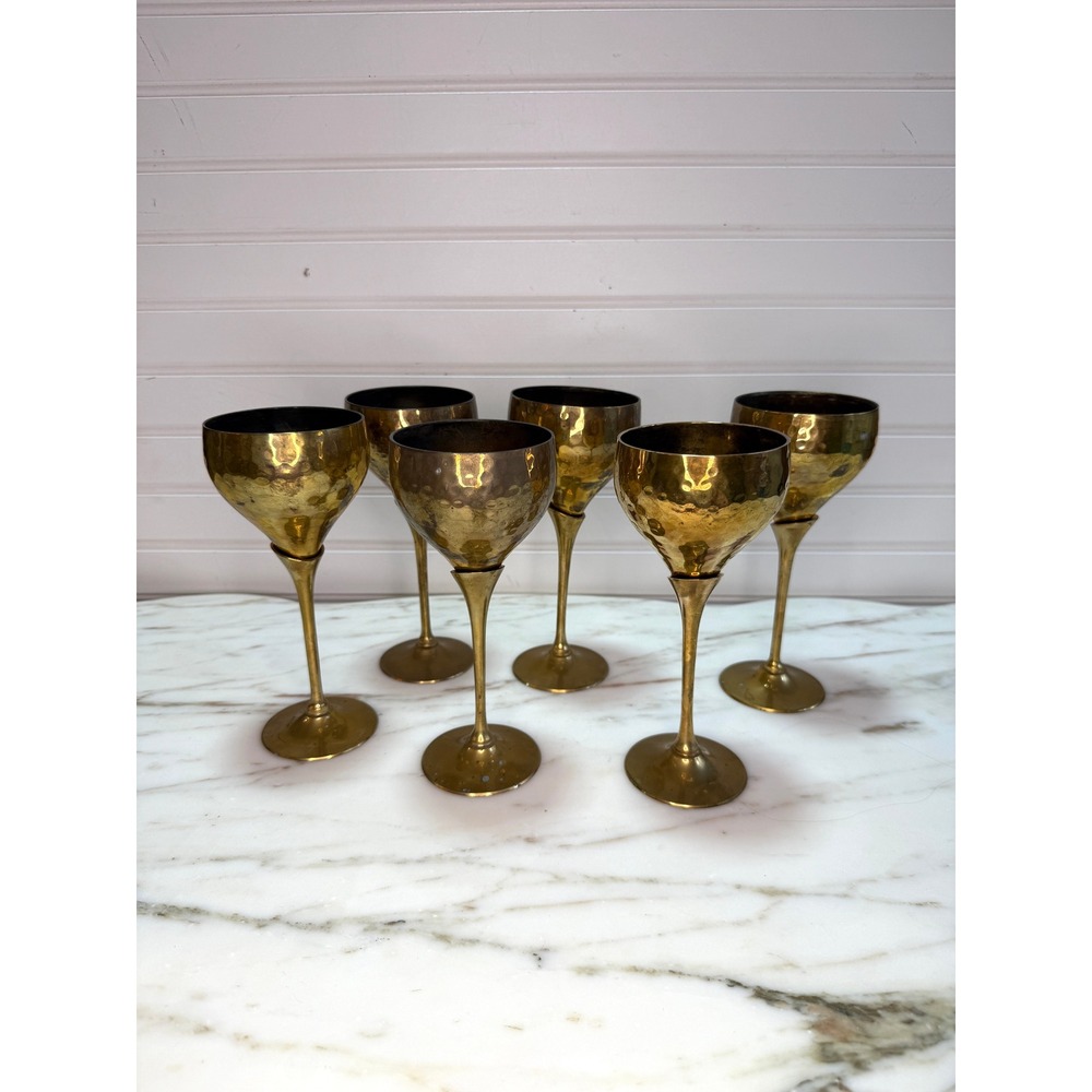 Vintage Hammered Brass Wine Goblets Set of 6 Made in India MCM Chalices